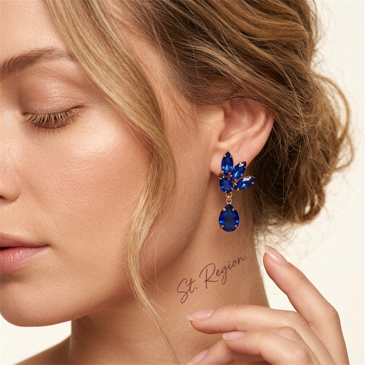 Blue Crystal and 18K Gold-Plated Marquise Pear Drop Earrings, gold drop earrings for women, botanical inspired, styled look