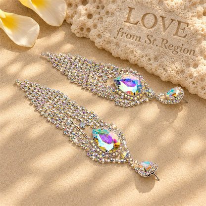 Cubic Zirconia and Crystal Pear Tassel Drop Earrings, drop earrings for women, elegant gift for her, lifestyle look
