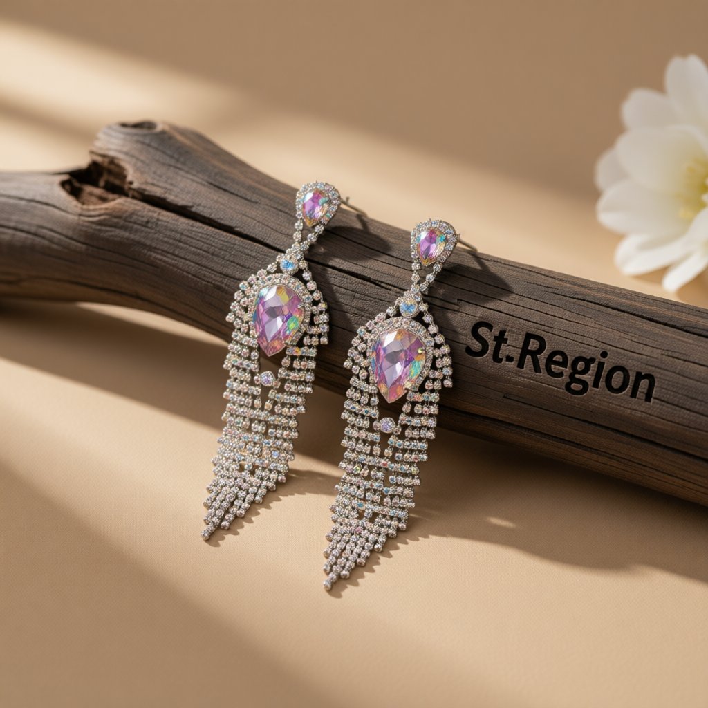 Cubic Zirconia and Crystal Pear Tassel Drop Earrings, drop earrings for women, elegant gift for her, front view
