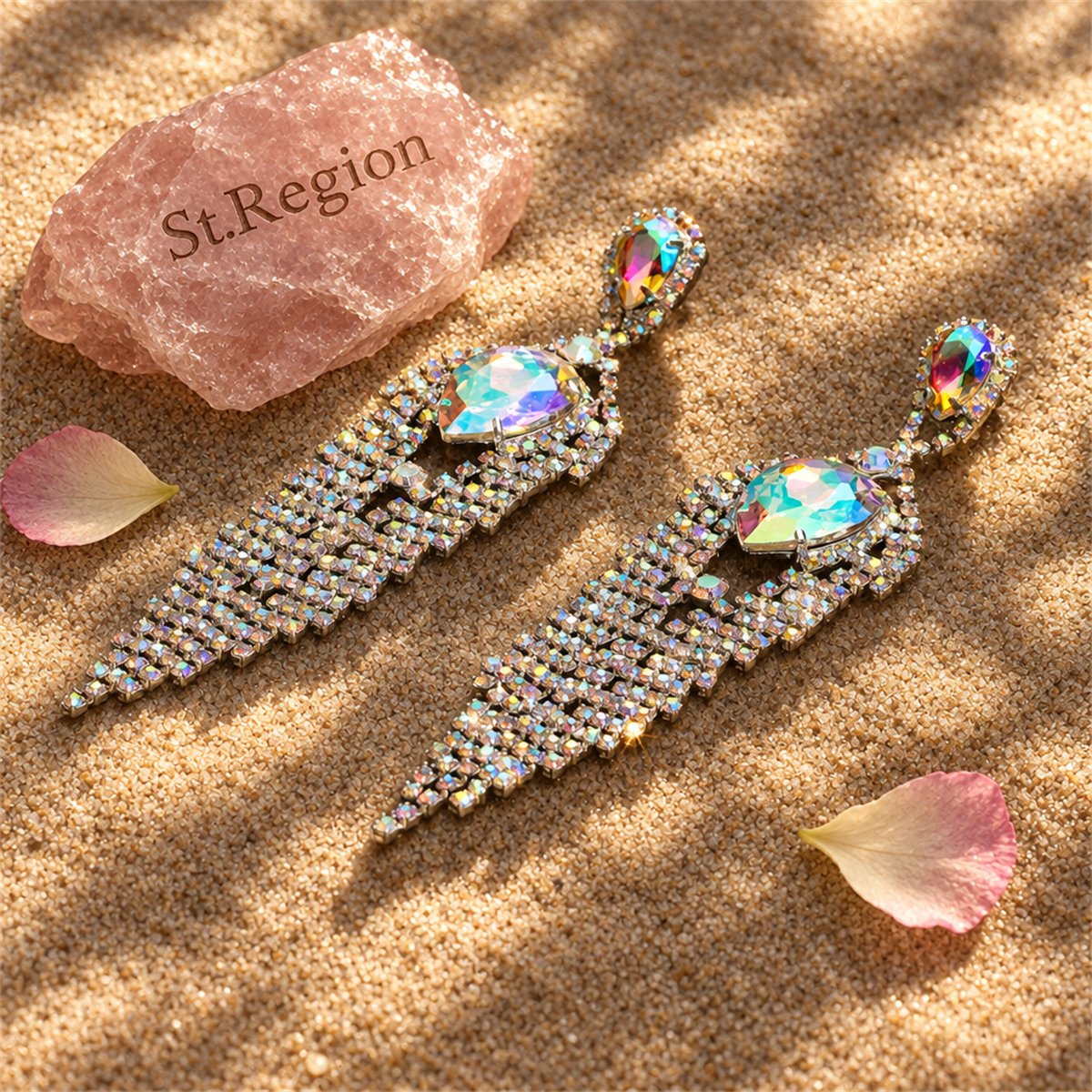 Cubic Zirconia and Crystal Pear Tassel Drop Earrings, drop earrings for women, elegant gift for her, detail close-up