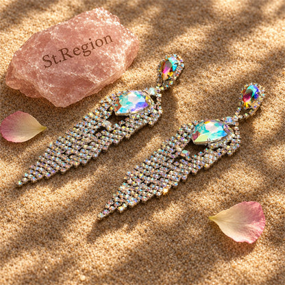 Cubic Zirconia and Crystal Pear Tassel Drop Earrings, drop earrings for women, elegant gift for her, detail close-up