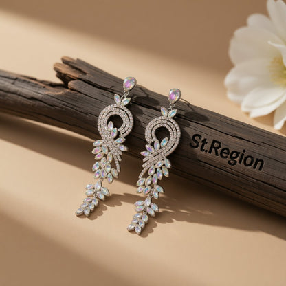Cubic Zirconia and Crystal Swirl Botany Drop Earrings, drop earrings for women, botanical inspired, front view