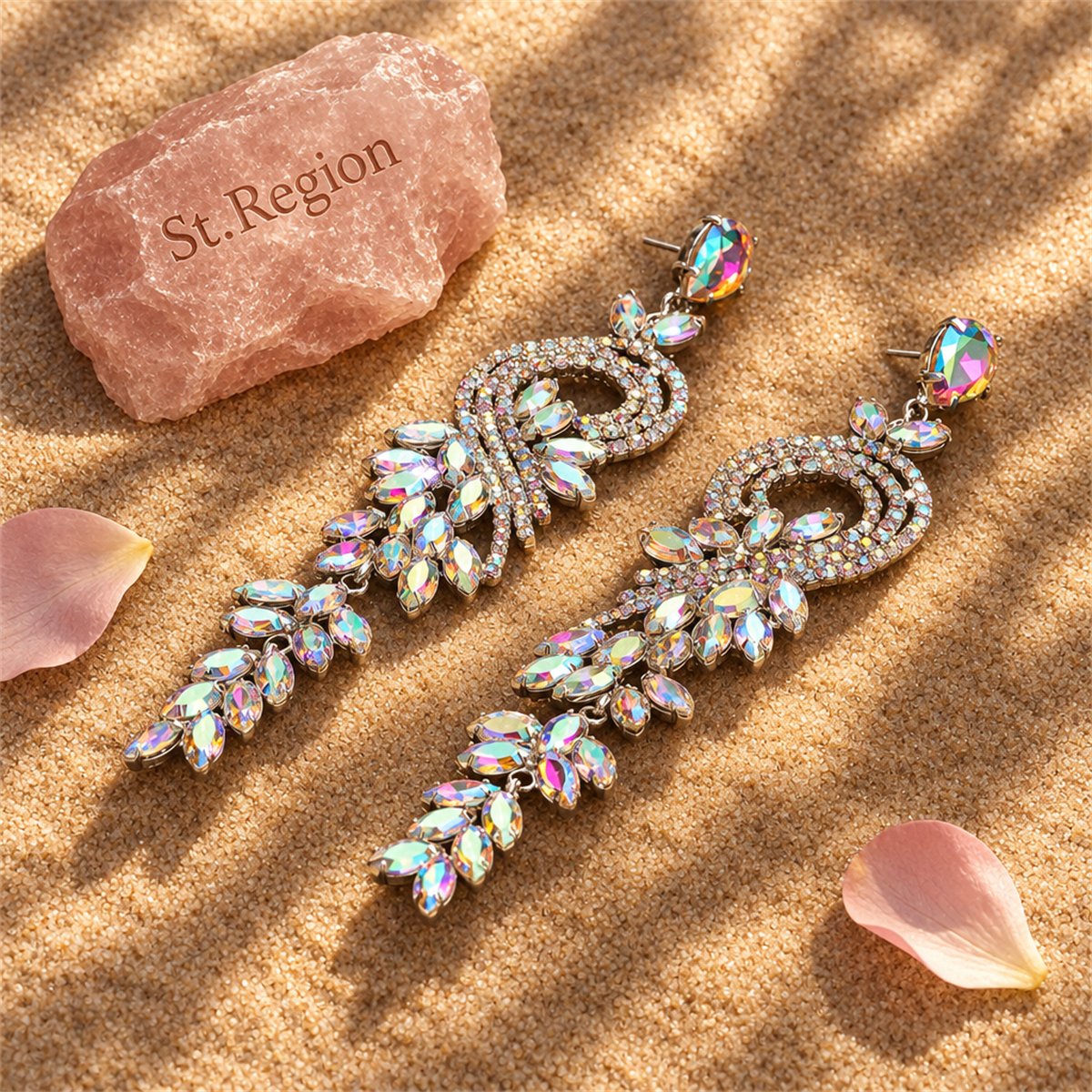 Cubic Zirconia and Crystal Swirl Botany Drop Earrings, drop earrings for women, botanical inspired, detail close-up