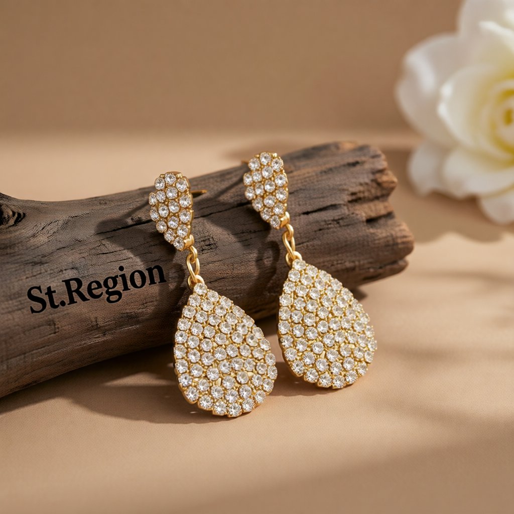Cubic Zirconia and 18K Gold-Plated Pavé Drop Earrings, gold drop earrings for women, elegant gift for her, front view
