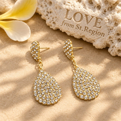 Cubic Zirconia and 18K Gold-Plated Pavé Drop Earrings, gold drop earrings for women, elegant gift for her, lifestyle look
