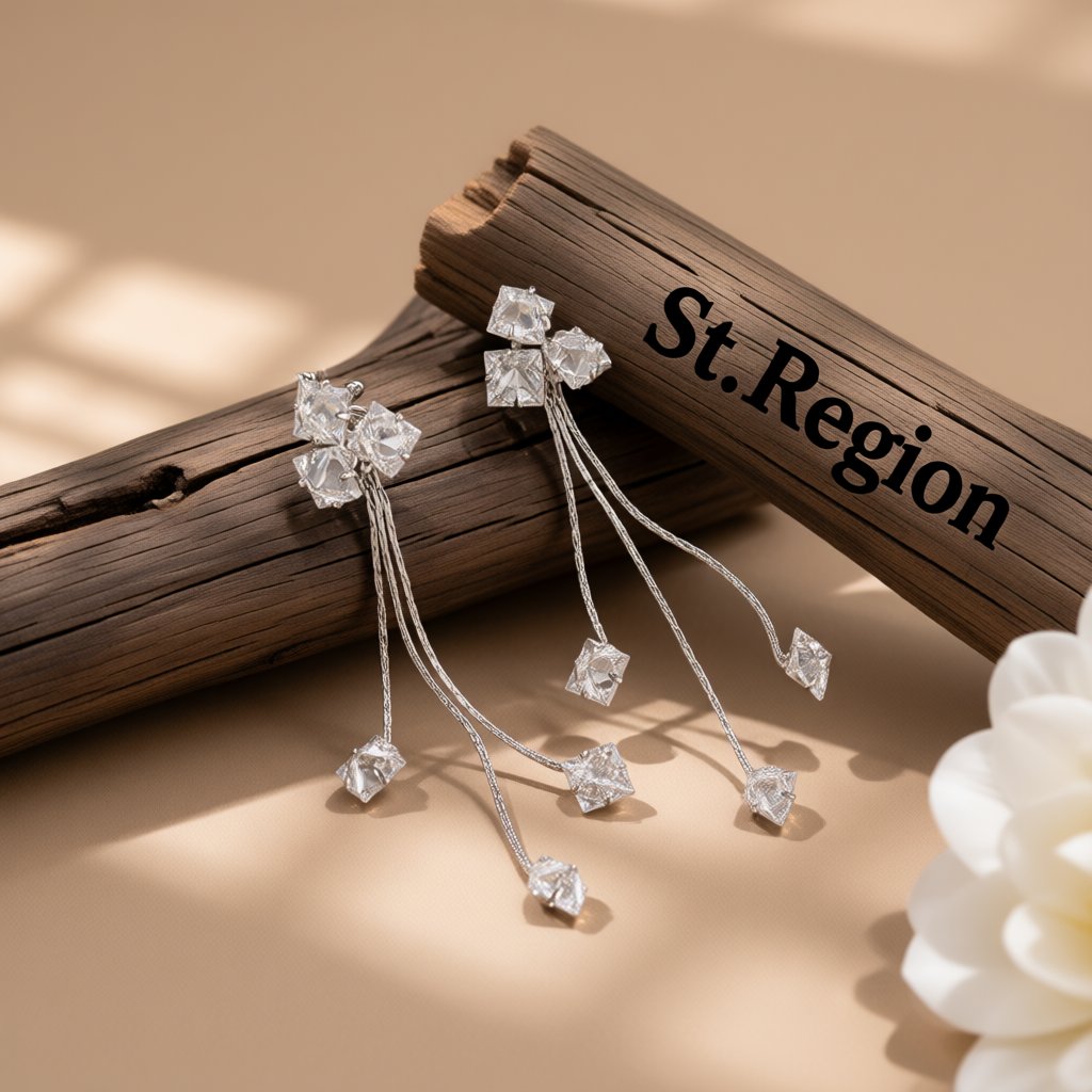 Crystal and Silver-Plated Clover Tassel Drop Earrings, silver drop earrings for women, elegant gift for her, front view