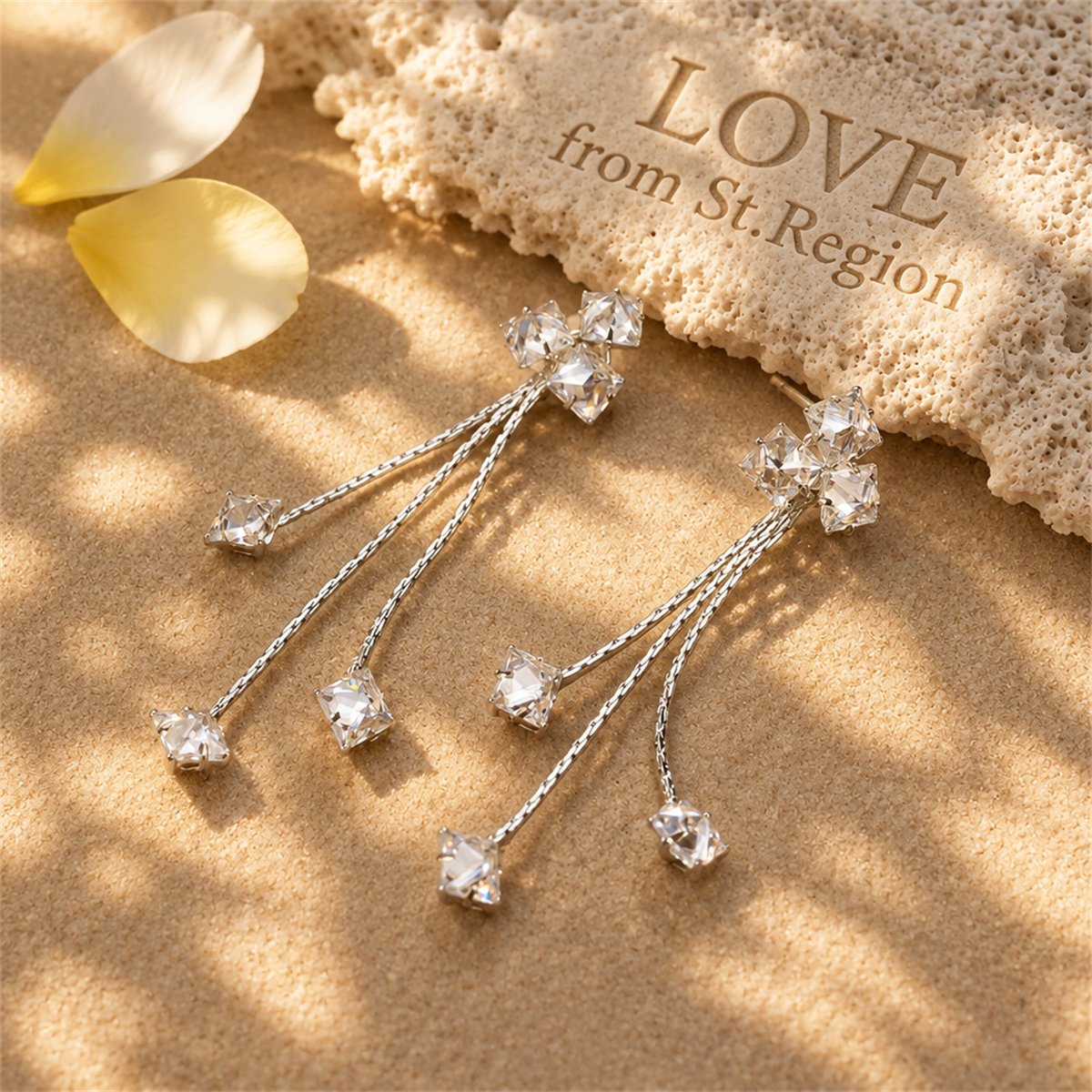 Crystal and Silver-Plated Clover Tassel Drop Earrings, silver drop earrings for women, elegant gift for her, lifestyle look