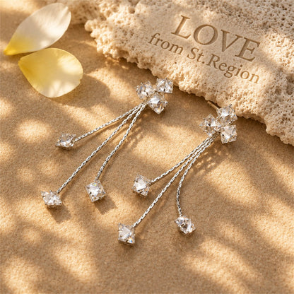 Crystal and Silver-Plated Clover Tassel Drop Earrings, silver drop earrings for women, elegant gift for her, lifestyle look