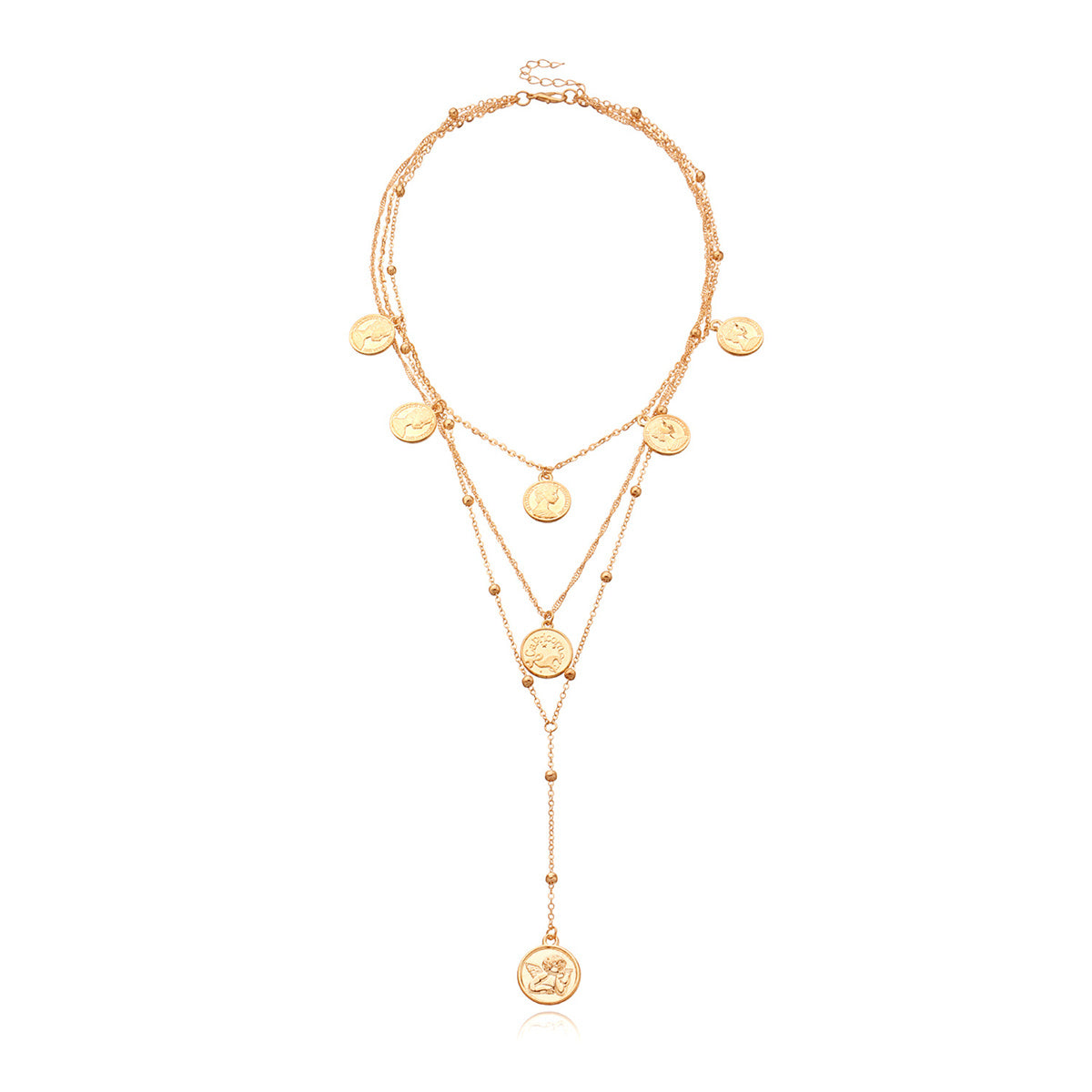18K Gold-Plated 'Capricorn' Coin Layered Lariat Necklace, gold pendant necklace for women, detail close-up