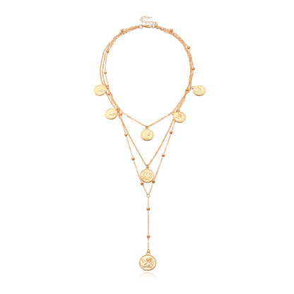 18K Gold-Plated 'Capricorn' Coin Layered Lariat Necklace, gold pendant necklace for women, detail close-up