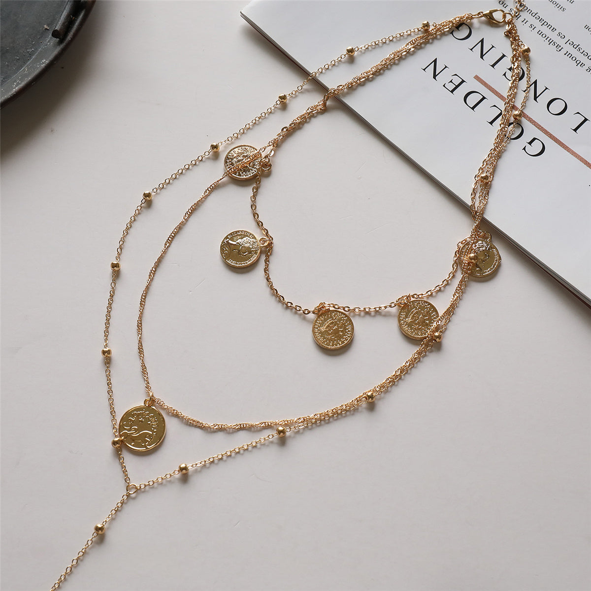 18K Gold-Plated 'Capricorn' Coin Layered Lariat Necklace, gold pendant necklace for women, botanical inspired, lifestyle look