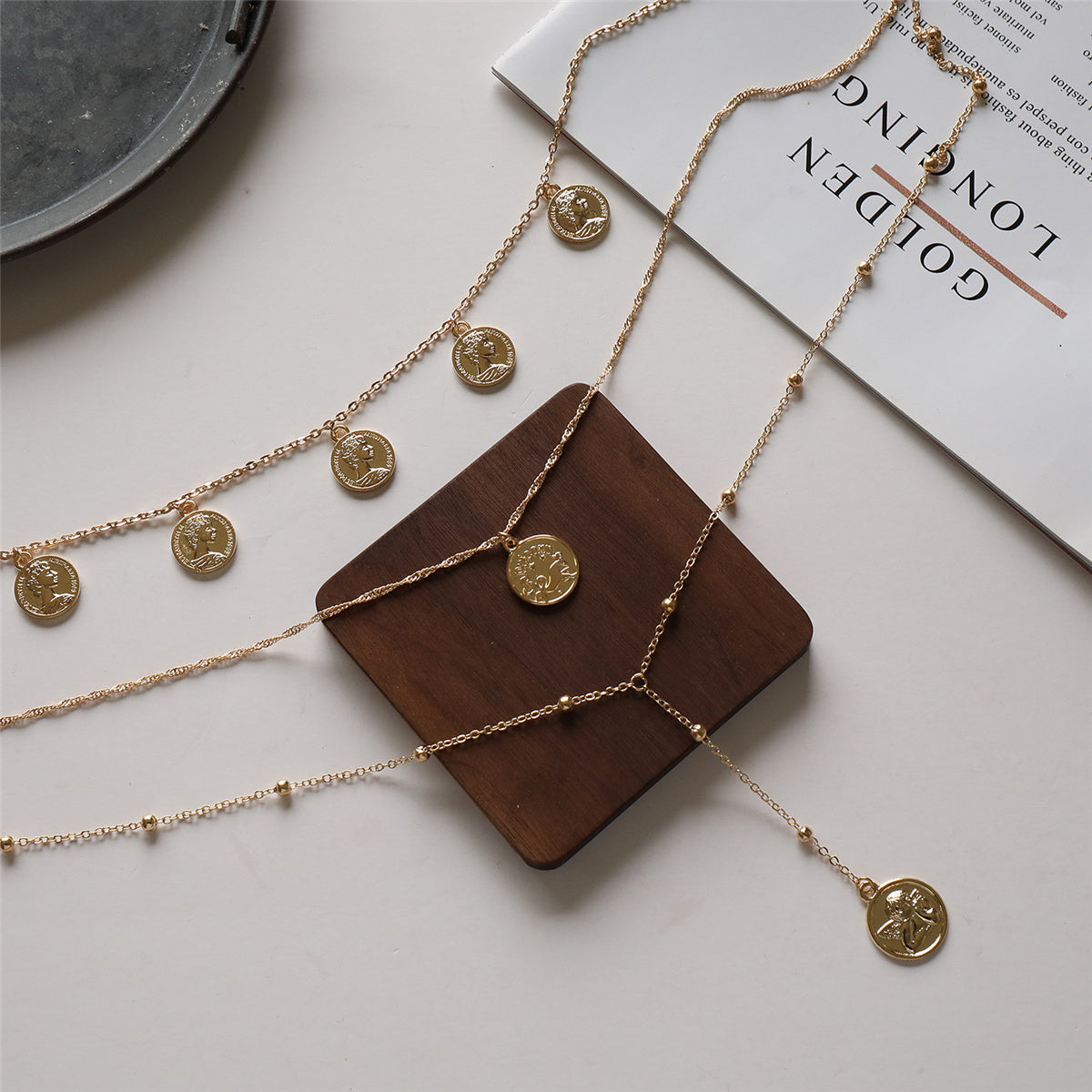 18K Gold-Plated 'Capricorn' Coin Layered Lariat Necklace, gold pendant necklace for women, botanical inspired, styled look