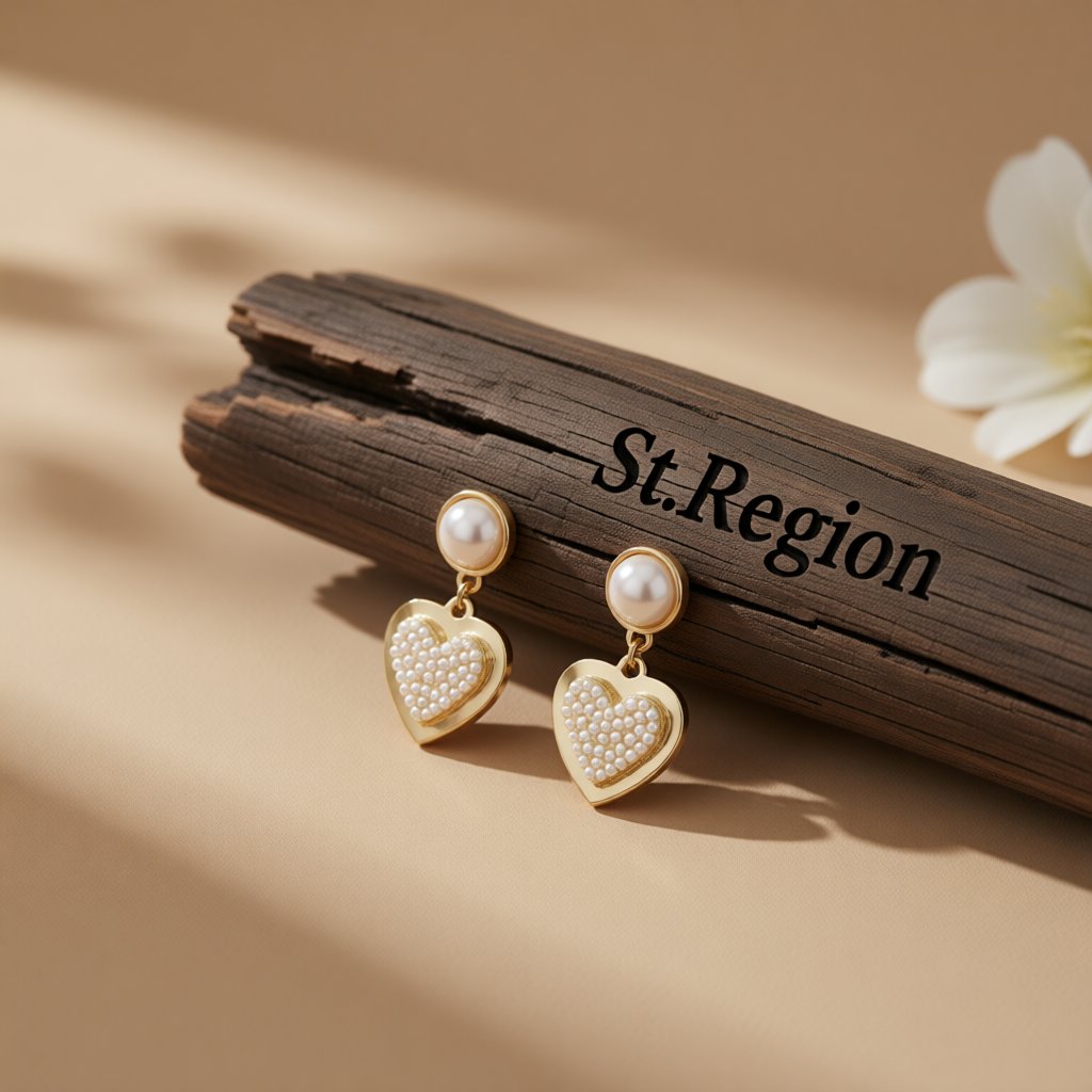 Pearl and 18K Gold-Plated Heart Drop Earrings, gold drop earrings for women, elegant gift for her, front view
