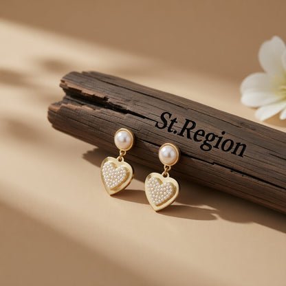 Pearl and 18K Gold-Plated Heart Drop Earrings, gold drop earrings for women, elegant gift for her, front view