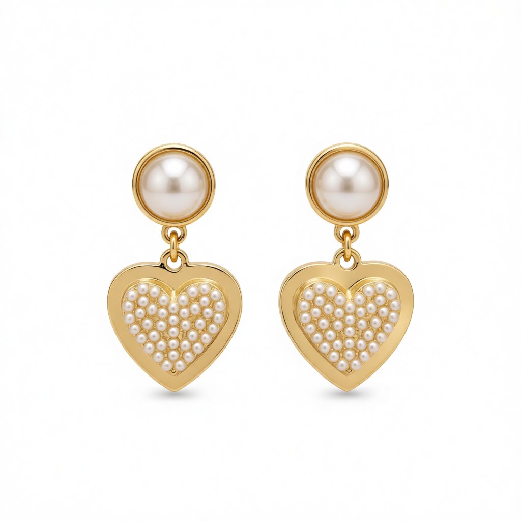 Pearl and 18K Gold-Plated Heart Drop Earrings, gold drop earrings for women, elegant gift for her, side view
