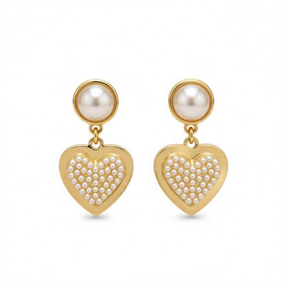 Pearl and 18K Gold-Plated Heart Drop Earrings, gold drop earrings for women, elegant gift for her, side view