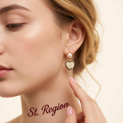 Pearl and 18K Gold-Plated Heart Drop Earrings, gold drop earrings for women, elegant gift for her, styled look