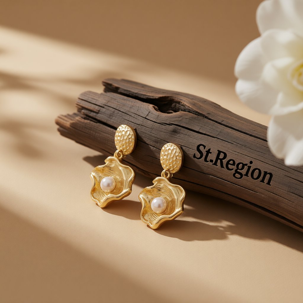 Pearl and 18K Gold-Plated Shell Drop Earrings, gold drop earrings for women, elegant gift for her, front view