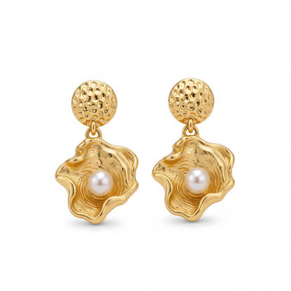 Pearl and 18K Gold-Plated Shell Drop Earrings, gold drop earrings for women, elegant gift for her, side view
