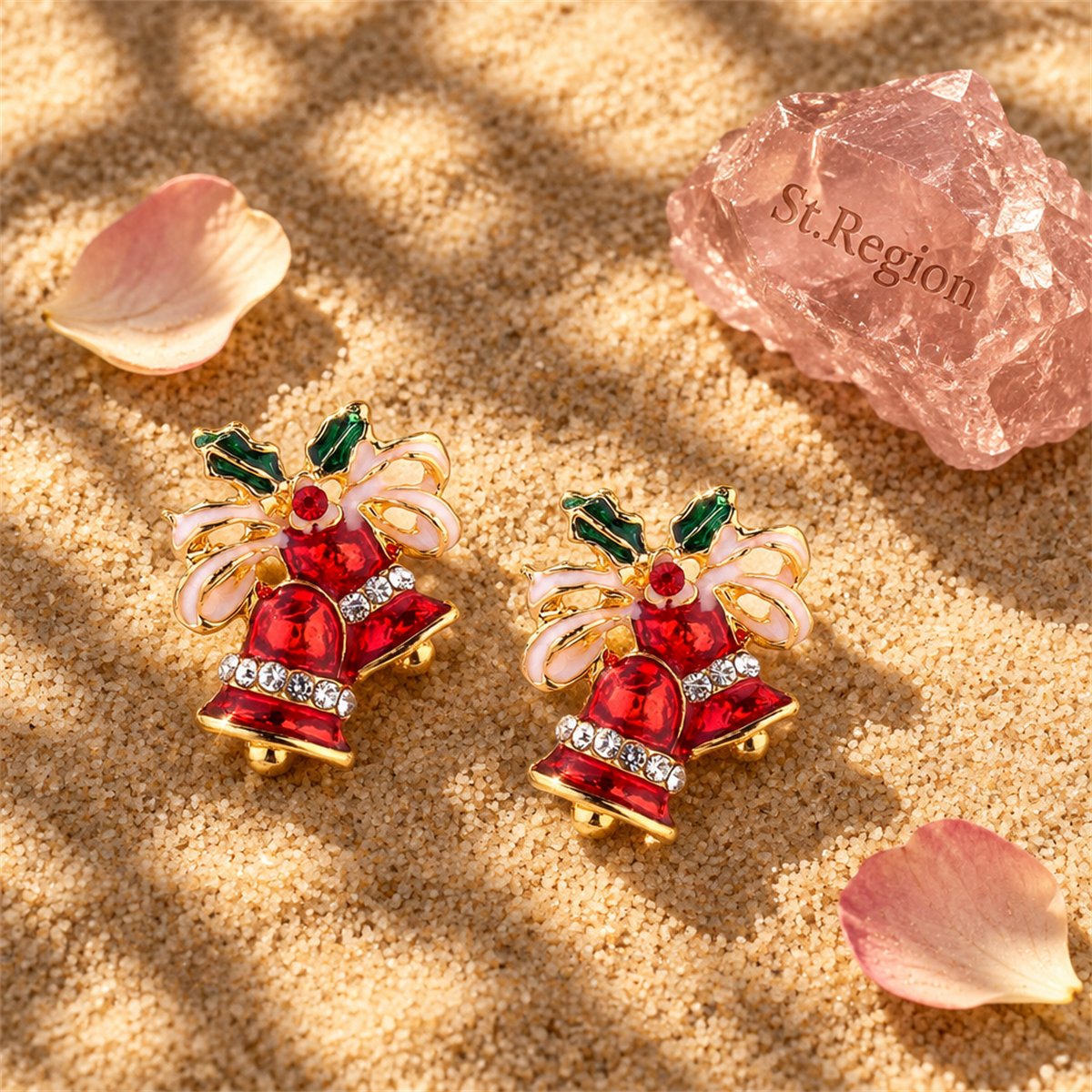 Red Cubic Zirconia and 18K Gold-Plated Christmas Bell Stud Earrings, gold stud earrings for women, detail close-up