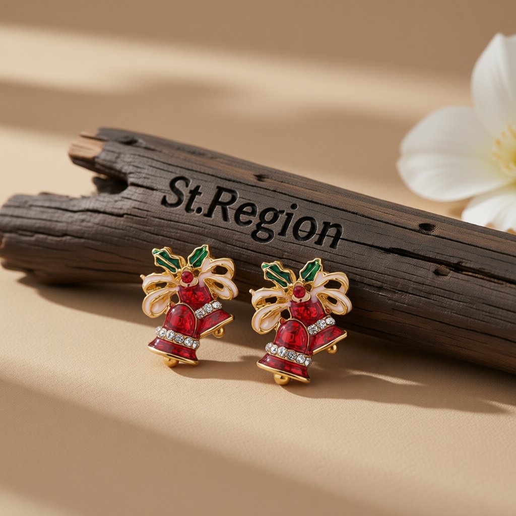 Red Cubic Zirconia and 18K Gold-Plated Christmas Bell Stud Earrings, gold stud earrings for women, front view