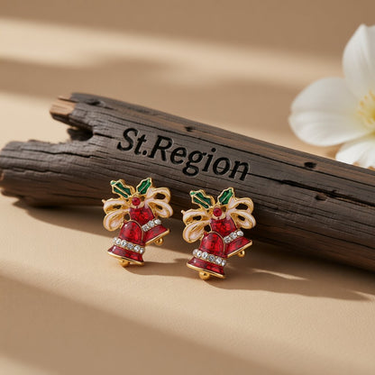 Red Cubic Zirconia and 18K Gold-Plated Christmas Bell Stud Earrings, gold stud earrings for women, front view