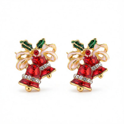 Red Cubic Zirconia and 18K Gold-Plated Christmas Bell Stud Earrings, gold stud earrings for women, side view