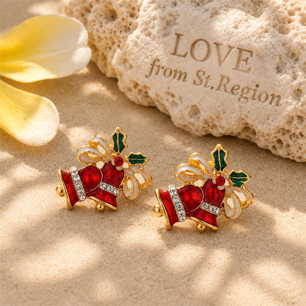 Red Cubic Zirconia and 18K Gold-Plated Christmas Bell Stud Earrings, gold stud earrings for women, lifestyle look