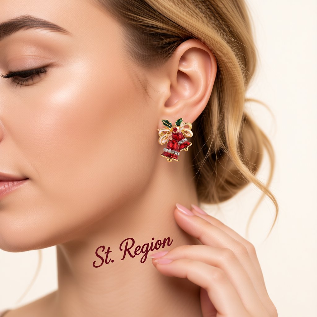 Red Cubic Zirconia and 18K Gold-Plated Christmas Bell Stud Earrings, gold stud earrings for women, styled look