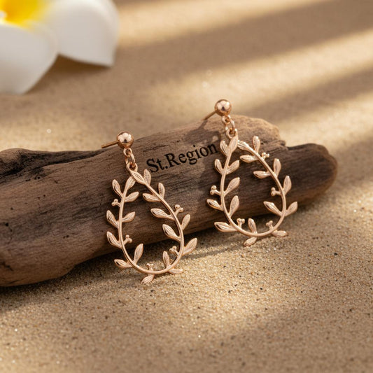 18K Gold-Plated Botanical Wreath Drop Earrings, gold drop earrings for women, dainty minimalist design, front view