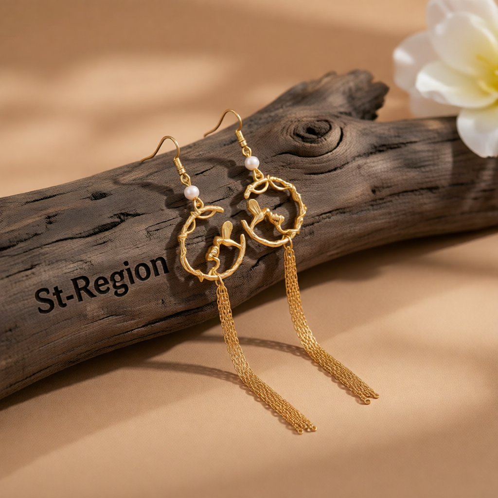 Pearl and 18K Gold-Plated Bird Tassel Drop Earrings, gold drop earrings for women, dainty minimalist design, front view