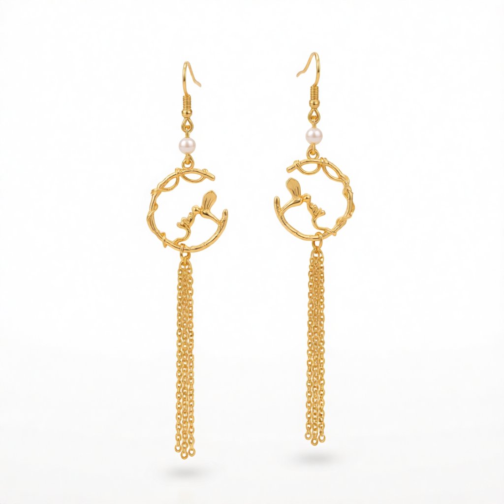 Pearl and 18K Gold-Plated Bird Tassel Drop Earrings, gold drop earrings for women, dainty minimalist design, side view
