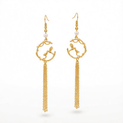 Pearl and 18K Gold-Plated Bird Tassel Drop Earrings, gold drop earrings for women, dainty minimalist design, side view