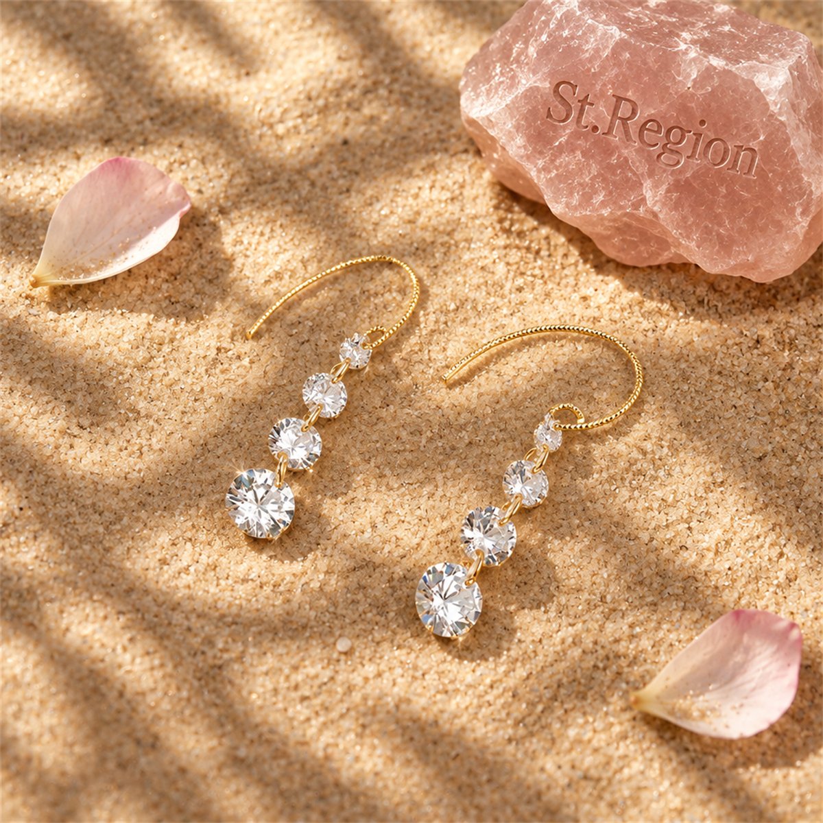 Cubic Zirconia and 18K Gold-Plated Linked Threader Earrings, gold drop earrings for women, detail close-up