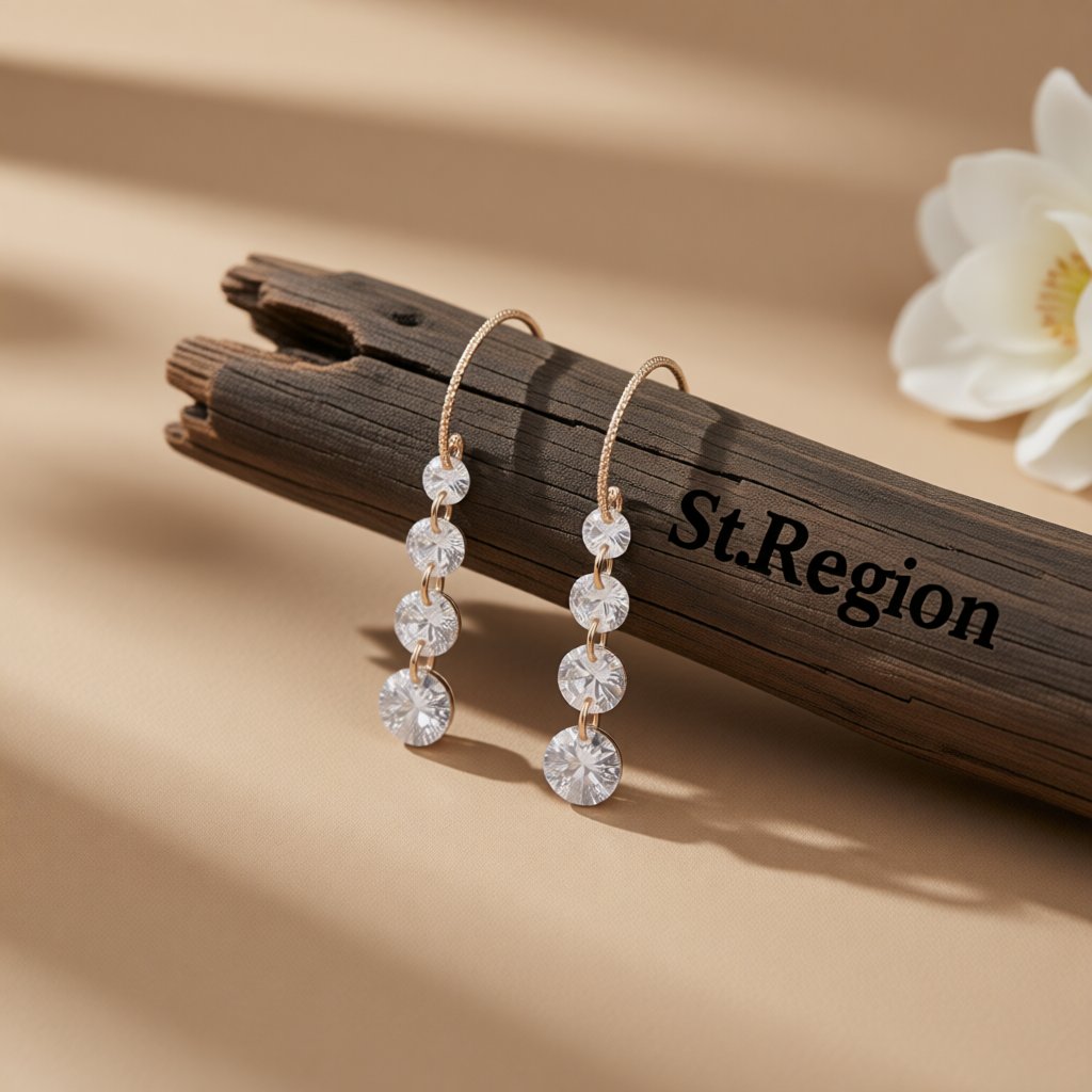 Cubic Zirconia and 18K Gold-Plated Linked Threader Earrings, gold drop earrings for women, botanical inspired, front view