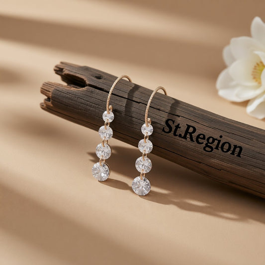 Cubic Zirconia and 18K Gold-Plated Linked Threader Earrings, gold drop earrings for women, botanical inspired, front view