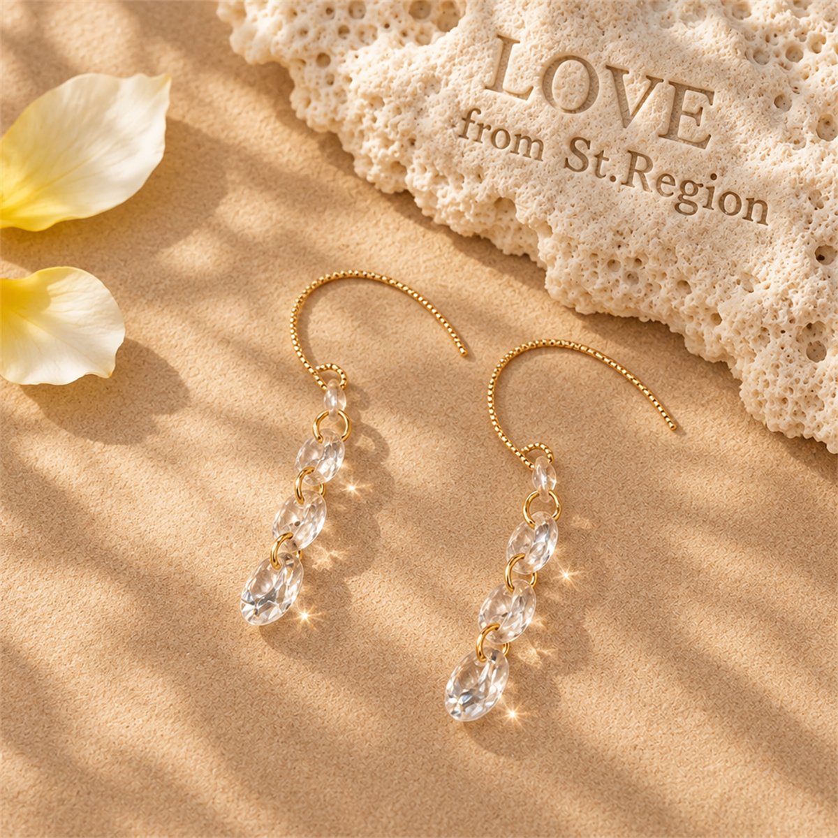 Cubic Zirconia and 18K Gold-Plated Linked Threader Earrings, gold drop earrings for women, botanical inspired, lifestyle look