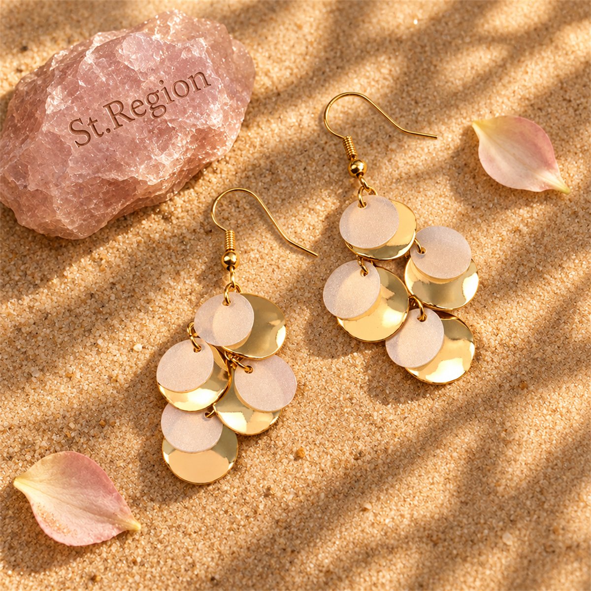 White Sequin and 18K Gold-Plated Drop Earrings, gold drop earrings for women, everyday style, detail close-up