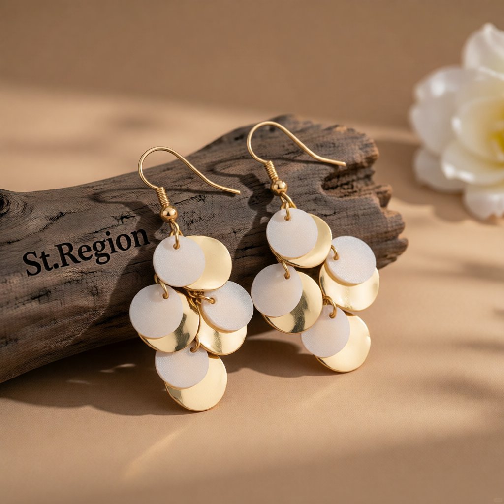 White Sequin and 18K Gold-Plated Drop Earrings, gold drop earrings for women, everyday style, front view