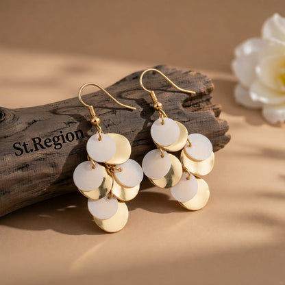 White Sequin and 18K Gold-Plated Drop Earrings, gold drop earrings for women, everyday style, front view
