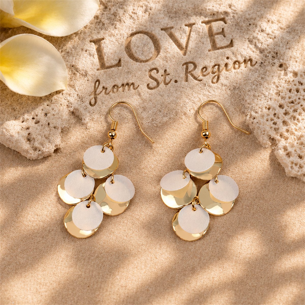 White Sequin and 18K Gold-Plated Drop Earrings, gold drop earrings for women, everyday style, lifestyle look