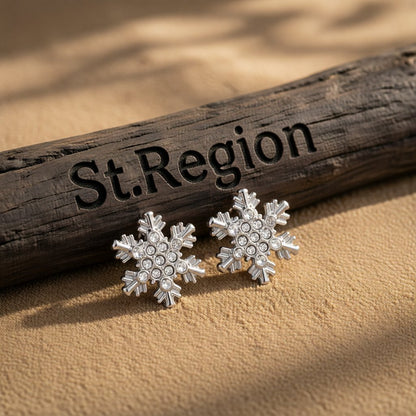 Cubic Zirconia and Silver-Plated Snowflake Stud Earrings, silver stud earrings for women, front view