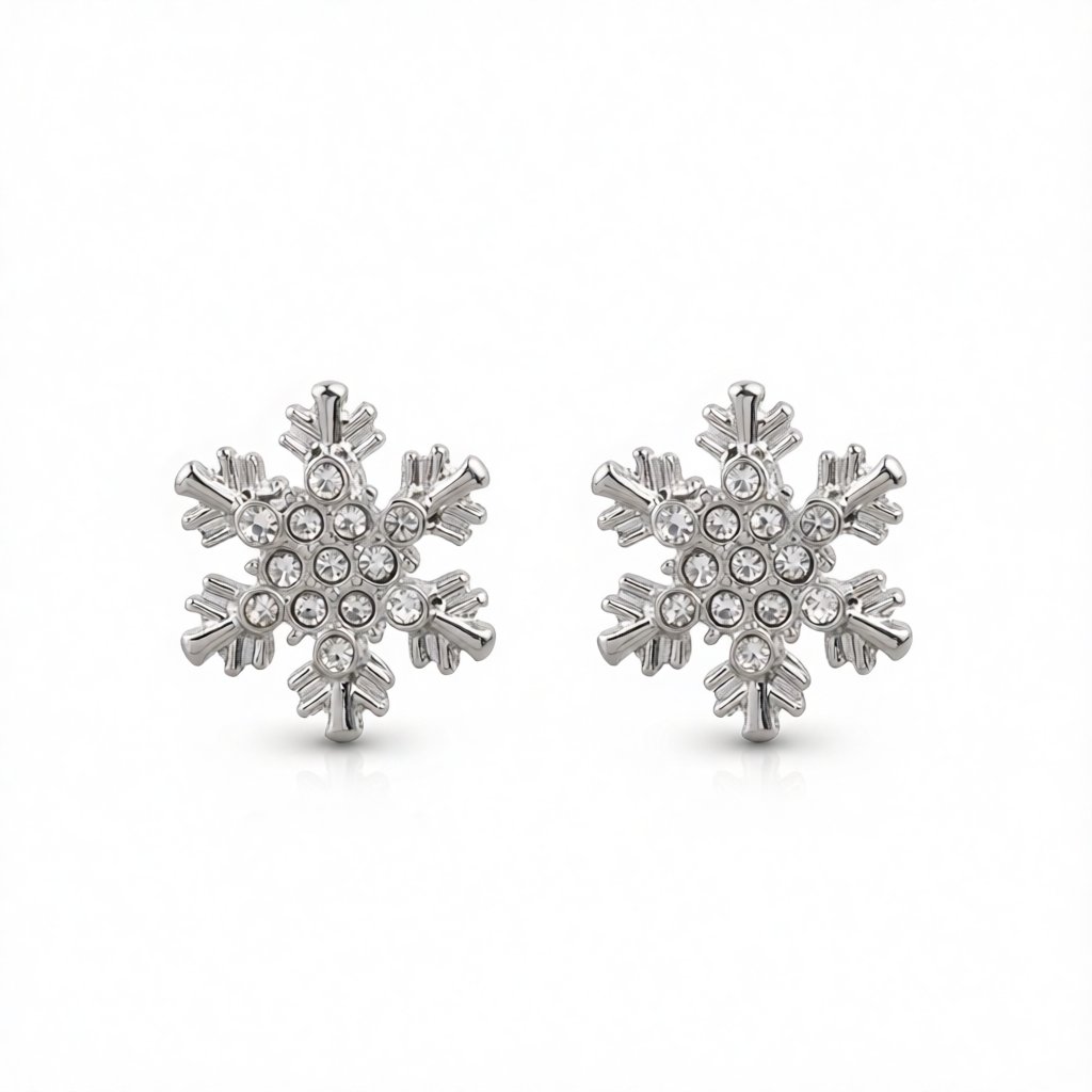 Cubic Zirconia and Silver-Plated Snowflake Stud Earrings, silver stud earrings for women, dainty minimalist design, side view