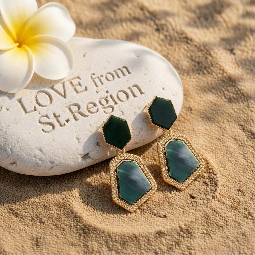 Green Shell and 18K Gold-Plated Polygon Drop Earrings, gold drop earrings for women, elegant gift for her, lifestyle look