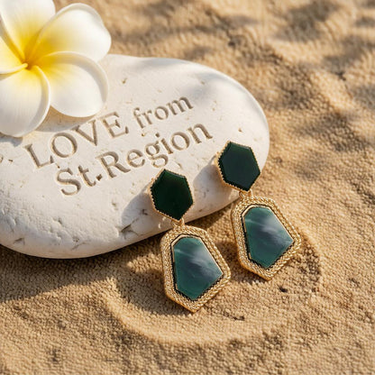 Green Shell and 18K Gold-Plated Polygon Drop Earrings, gold drop earrings for women, elegant gift for her, lifestyle look