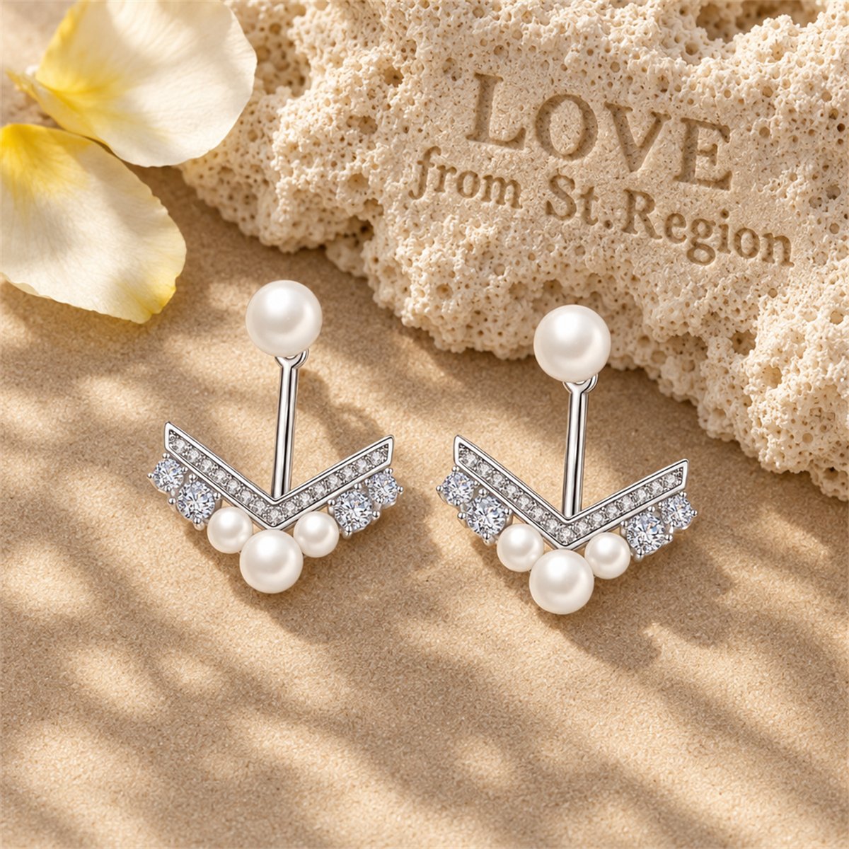 Pearl and Cubic Zirconia Silver-Plated Chevron Cluster Ear Jackets, botanical inspired, lifestyle look