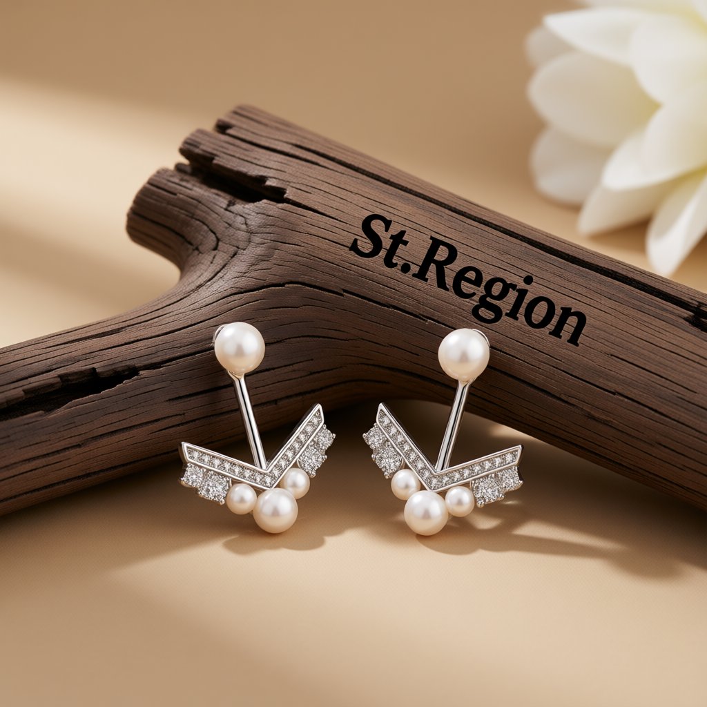 Pearl and Cubic Zirconia Silver-Plated Chevron Cluster Ear Jackets, botanical inspired, front view