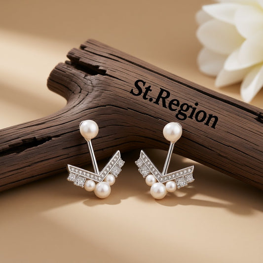 Pearl and Cubic Zirconia Silver-Plated Chevron Cluster Ear Jackets, elegant gift for her, front view