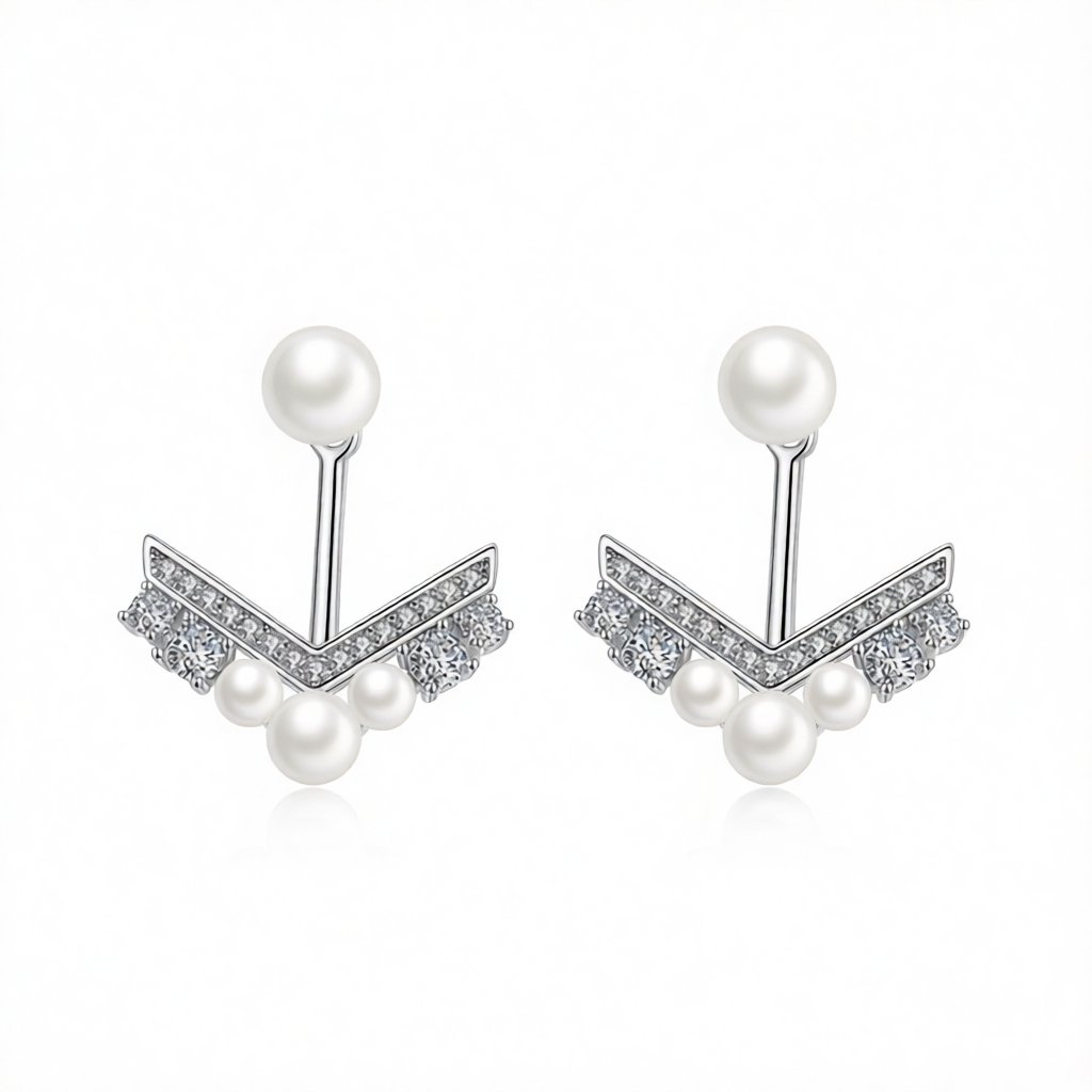 Pearl and Cubic Zirconia Silver-Plated Chevron Cluster Ear Jackets, botanical inspired, side view
