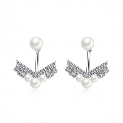 Pearl and Cubic Zirconia Silver-Plated Chevron Cluster Ear Jackets, botanical inspired, side view